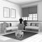 Blueprint unfinished project draft, japandi wooden living room. Wooden sofa and rattan furniture. Wallpaper and frame mockup,