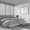 Blueprint unfinished project draft, minimal bedroom with wooden walls and frame mockup. Double bed with pillows, carpets and