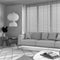 Blueprint unfinished project draft, minimalist living room with wooden walls. Fabric sofa with pillows, window with venetian