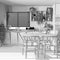 Blueprint unfinished project draft, modern wooden kitchen with island, chairs, window and appliances. Biophilic concept, many