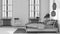 Blueprint unfinished project draft, scandinavian wooden bedroom, double bed with pillows, blanket, wallpaper, windows with