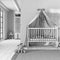 Blueprint unfinished project draft, wooden nursery. Canopy crib, carpet and toys. Farmhouse interior design