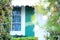 Bluish green aqua colour house behind the bush