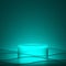 Bluish green clear crystal glass backdrop. Circle podium water waves bright glow dark backlight deep lake. Underwater show product