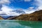 Bluish-green waters of high alpine mountain lake landscape vast view