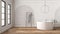 Blur background, bathroom interior design showcase, classic interior in dark tones, brick walls, parquet. Freestanding round