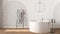 Blur background, bathroom interior design showcase, classic set in dark tones, brick walls, parquet. Freestanding round bathtub,