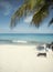 Blur background of beach, sunbed and palm tree