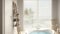 Blur background, cosy peaceful bathroom, big round bathtub, ceramic tiles floor, shelves, window with venetian blinds, floor lamp