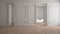 Blur background, empty room interior design, classic open space, parquet floor, walls with trim molding, bathroom with bathtub