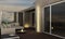 Blur background exterior design, penthouse terrace with big windows, sofa, armchair and fireplace, panoramic balcony, luxury