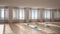 Blur background interior design: empty yoga studio, minimal classic space, parquet floor, walls with stucco, mats and accessories