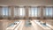Blur background interior design: empty yoga studio, minimal classic space, parquet floor, walls with stucco, mats and accessories