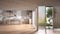 Blur background interior design: minimalist open space in patio house, modern kitchen with island, stools, veranda with grass,