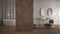 Blur background interior design: modern minimalist abstract bathroom with decorated wooden partition wall, parquet floor, plaster