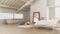 Blur background interior design, scandinavian loft open space with bedroom and bathroom with bathtub, parquet floor and panoramic
