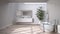Blur background interior design: spacious bathroom with herringbone parquet floor, close-up, freestanding tub, double sink with