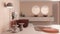 Blur background, showcase bathroom interior design, freestanding bathtub and wash basing. Round mirrors, faucets, modern carpet,