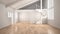 Blur background, white modern empty interior, open space with mezzanine and minimalist spiral staircase, concept design