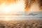 Blur beautiful nature beach and sea background palm leaves in sunset
