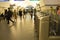 Blur. A crowd of people in a hurry passes through electronic turnstiles at the metro station in St. Petersburg, Russia, September