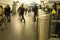 Blur. A crowd of people in a hurry passes through electronic turnstiles at the metro station in St. Petersburg, Russia, September