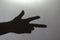 Blur, defocus, noise, grain effect. Dark silhouette of a hand sh