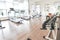 Blur gym background fitness center or health club with blurry sports exercise equipment for aerobic workout