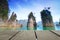 blur image of terrace wood and beautiful Jetty walkway into the sea