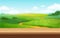 Blur landscape background. Wood surface table and summer fields blurred background. Vector picture outdoors landscapes