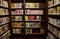 Blur photography of bookshelf in a library for background.