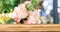 Blur tropical and spring flowers and floral background in beauty shop with brown wooden tabletop texture