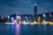 Blured lights of Hong Kong city twilight with water reflexion