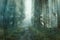 A blurred abstract edit of a beautiful forest on an atmospheric misty day, with a grunge, abstract edit