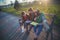 Blurred abstract image, students shine in the park on the bench and prepare for exams