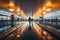 Blurred airport hustle people traverse two moving walkways in a straight view