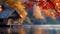 A blurred autumn landscape with vibrant orange and red leaves creating a colorful but indistinguishable backdrop to the