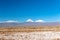 Blurred background of Atacama Desert landscape with snow-capped Andean volcanos, salt flat and some vegetation on horizon, Chile