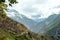 Blurred background with the cloud-covered mountain peaks of Apurimac river valley, Peru