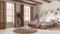 Blurred background, country bedroom . Mater bed with blanket. Windows with shutters and parquet floor, carpet and decors, beams