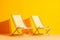 Blurred background with empty deck chairs on yellow background. Sunbed, studio shot. Beach tourism, travel, relax, vacai, holiday