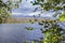 Blurred background forest lake framed yellowing leaves in cloudy weather