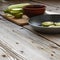 Blurred background image. Concept: vegetarian food, healthy food. Seth healthy foods. Zucchini, spices, olive oil on a wooden back