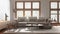 Blurred background, japandi minimalist living room. Fabric sofa, wooden furniture and parquet floor. Modern interior design