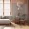 Blurred background, japanese living room with wooden walls. Parquet floor, fabric sofa, carpets and decors. Minimal japandi
