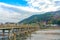 Blurred background Katsura River and Togetsukyo Bridge in Arashiyama, Kyoto, Japan