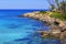 Blurred background, landscape, view of the bridges on the stone beach in Protaras, the blue Mediterranean Sea