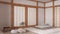 Blurred background, minimal meditation room with pillows, tatami mats and paper doors. Carpet, table with Mala and decors.