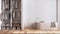 Blurred background, minimalist nordic wooden bathroom with walk-in closet. Freestanding bathtub, wallpaper and decors.
