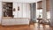 Blurred background, modern japandi kitchen and dining room. Island and dining table with chairs, parquet floor. Minimalist